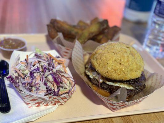 Smashed Waygu Beef Sandwich with Coleslaw and fries!!!! The fries were a special and they are insane!!!