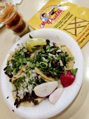 Carne asada tacos; dry, chewy, and no flavor.