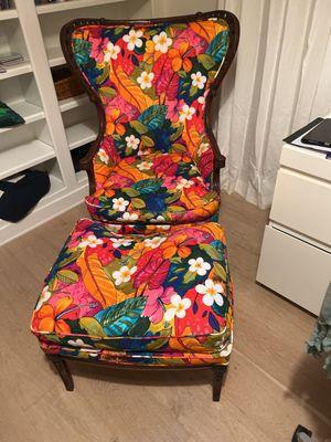 This photo is of the finished reupholstered wing chair and ottoman.