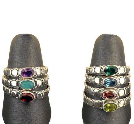 Sterling Silver Stackable Rings at $25 each set with semi-precious stones. Designed by Wolf Guibbory