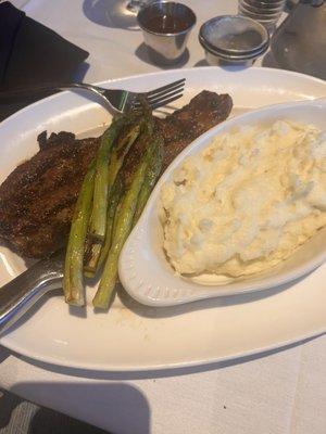 Ribeye steak, asparagus and mashed potatoes