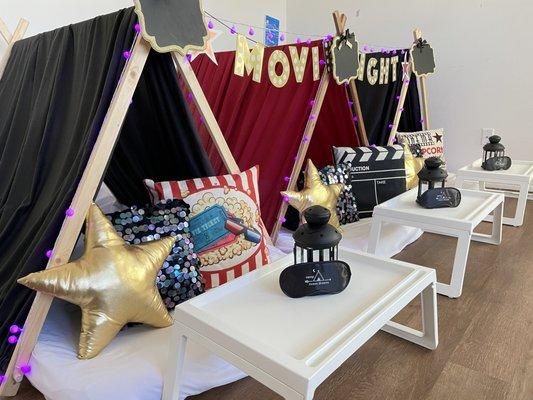 Movie night themed sleepover tents