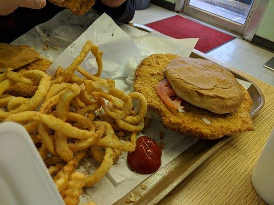 Deluxe tenderloin (easily split between 2 people) and a small order of onion rings.