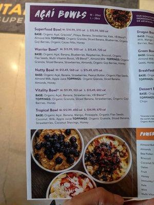 Acai bowl menu