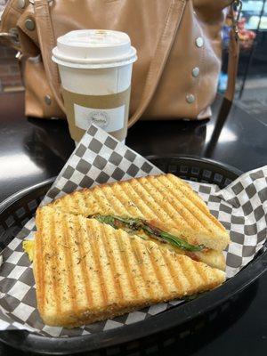 Breakfast panini and oat milk latte. Delish!