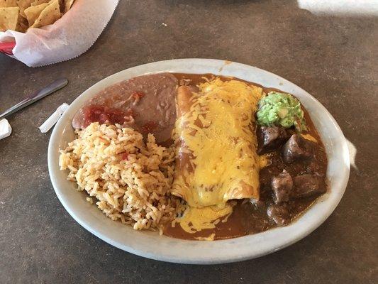 Beef enchiladas with Carne Guisadla.