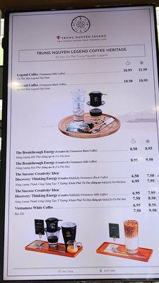 TRUNG NGUYEN coffee menu