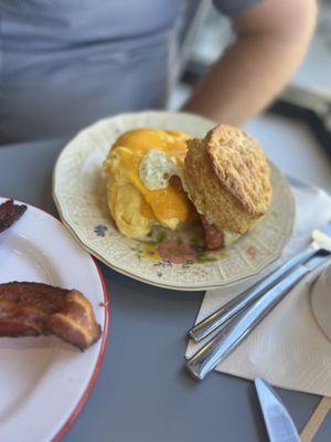 Southwest x Southwest Scrambled egg, linguica, green chile aioli, sharp cheddar on a house made buttermilk biscuit. Absolutely delicious!