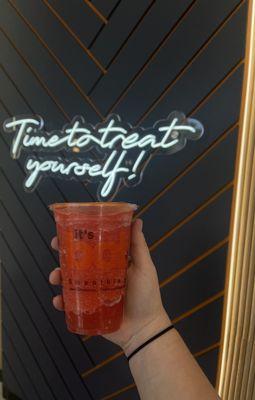 strawberry slushy with strawberry popping boba!! size small! so refreshing after a hike at holy jim trail