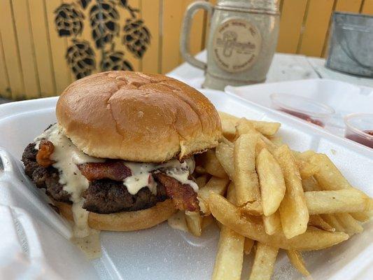 The BrÜtopia. Beer cheese, bacon with side of fries