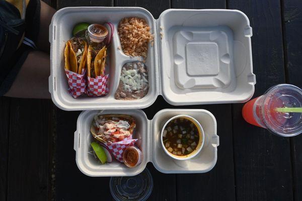 Birria tacos and a shrimp taco, with sandía agua fresca.