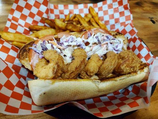 Shrimp Po Boy with beer battered fries