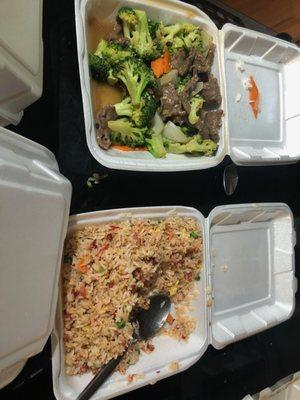 Broccoli beef and Pork fried rice