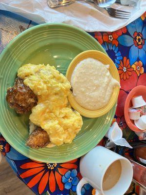 Chicken Butter Biscuits with eggs and cheese and grits