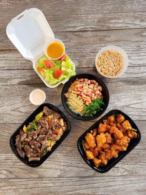 Hibachi Steak with Fried Rice; Spicy Tuna & Spicy Salmon Poke Bowl; General Tso's Chicken