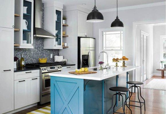 Shaker Style Cabinets, Starless Night Blue Island Quartz Countertops