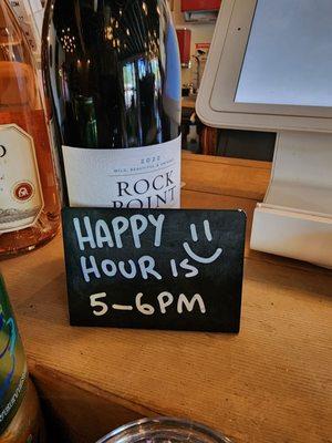 Happy hour is 5 to 6pm.