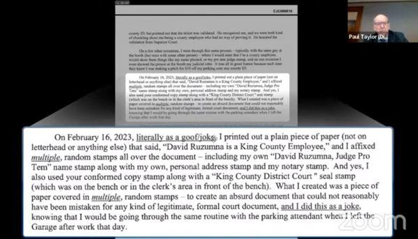 David Ruzumna admits to creating a document 'literally as a goof/joke,' using unauthorized judicial stamps, including a King County Di