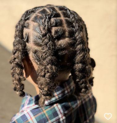 Moisturizing shampoo, Comb/palm roll retwist.

Style: BRAIDED PLATS