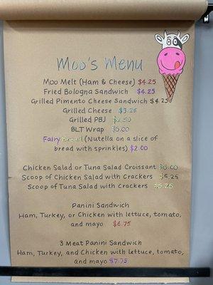 Moo's menu