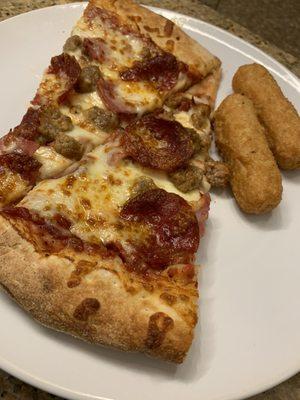 Mozzarella sticks and Meat Lovers Pizza