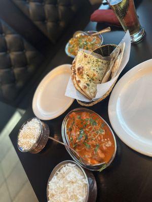 Chicken Korma, Butter Chicken, White Rice, & Garlic Naan