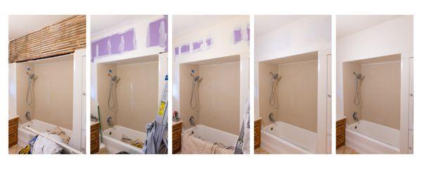 A series showing from demolition to fully primed and ready for painting walls