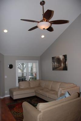 fan light and recessed can lights in living room