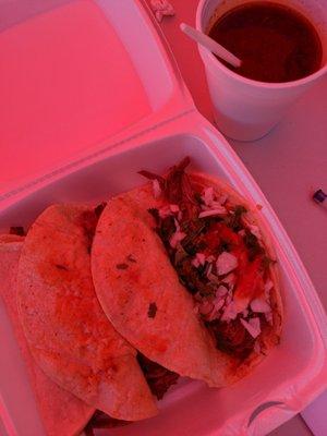 Birria Tacos with heavenly beef broth also used to make the Ramen.