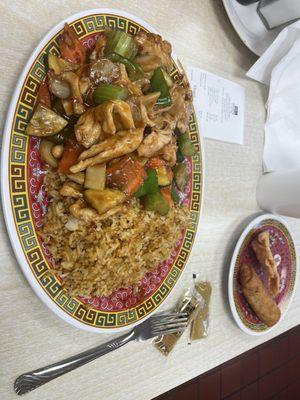 Kung Pao Chicken with a Crab Rangoon and Egg Roll