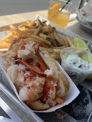 Lobster roll with gluten-free bun. Slaw. French fries.