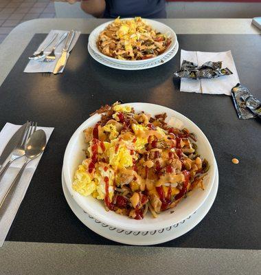 chicken melt has brown bowl double diced smothered and peppered with a scrambled egg and the same thing only single diced