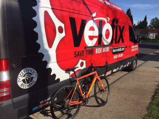 Velofix van at my house with fixed bike