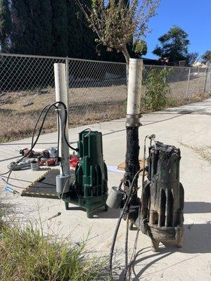 Replacement of commercial grade sewer pump system over 350 feet run to discharge over to the city sewer system strong pump