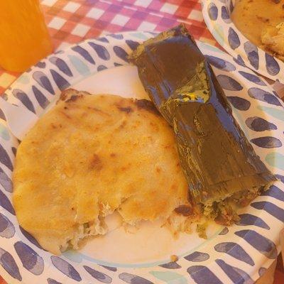 Pork and cheese pupusa and chipilin tamal Pupusa good Tamale not my style