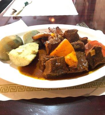 Beef stew, plantains, sweet potatoes