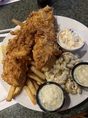 Potato chip crusted fish fry with fries, pasta salad and coleslaw.