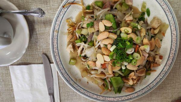 Almond chicken chow mein with pan fried noodles