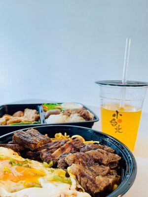 Fried Pork Chop Bento Noodle with Black Pepper Sauce + Meat (Sweet Short Ribs) Passion Fruit Green Tea