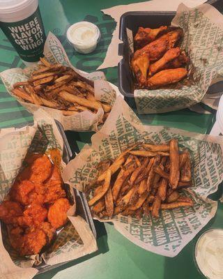 Boneless mild wings, bone-in mild wings, fries