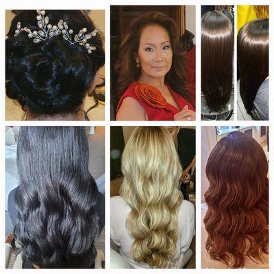 Top Leftt: wedding Updo  Middle: Round Brush Blowout  Top Right: Silk Press using flat iron Bottom: different hair texture waves