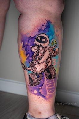 Watercolor wall-e tattoo leg half sleeve by Jonlivefree. Oc tattoo artist