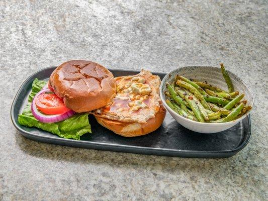 Honey Sriracha Chicken Sandwich with a side of Seasonal Veggies