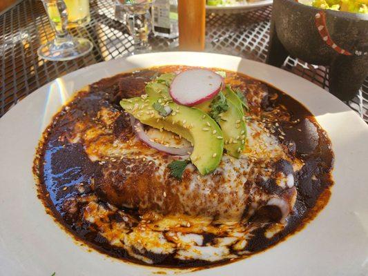 Mole Enchiladas came with rice and beans on the side. Excellent!