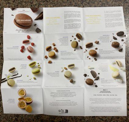 Pamphlet with all the macaron flavors