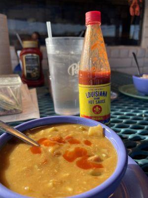 Seafood Gumbo with some Louisiana Hot Sauce!