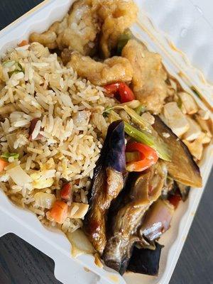 Lunchtime! Eggplant, mapo tofu, and fish over fried rice!