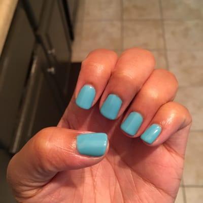 No chip manicure 6.4.16. Shellac 98 (Aqua). Matching polish for toes available for $3 extra. #worthit