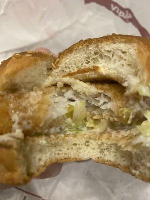 Inside the Crispy Fish Sandwich--substantial, but a little bland