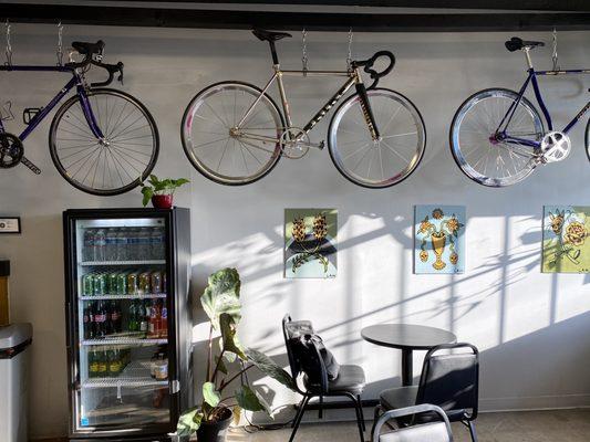 Bikes hanging from the ceiling